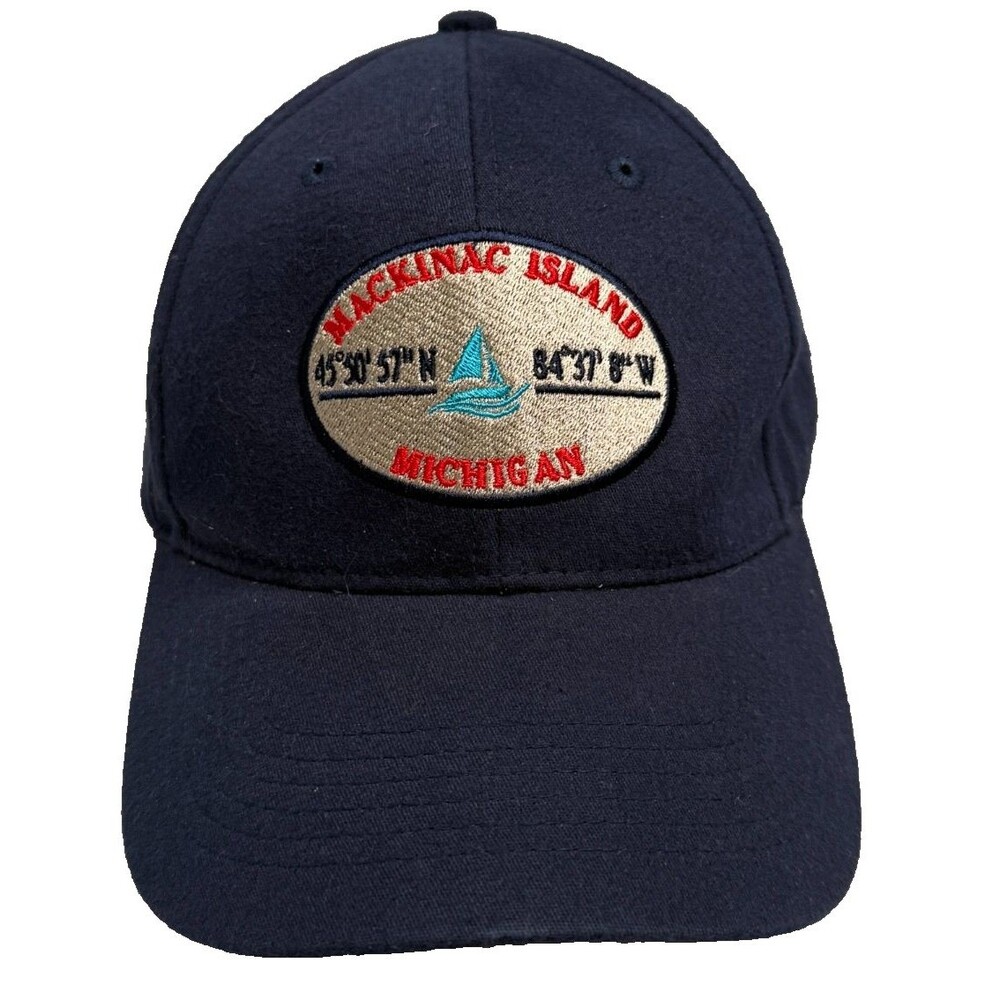 Mackinac Island Michigan Lat Long Hat Cap Dark Blue JHATS Cotton One-Size